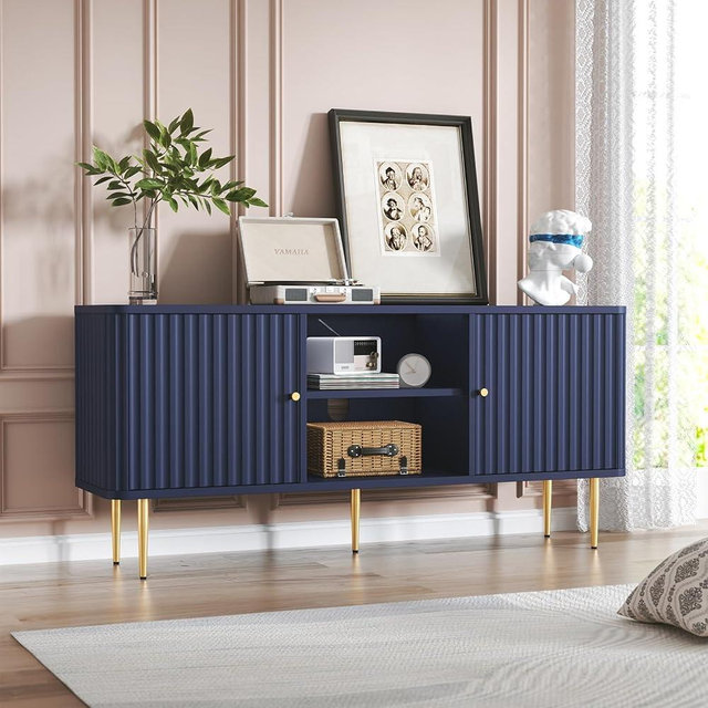 ARTPOWER 55” Fluted TV Stand, Mid Century Modern Blue TV Stand for 55/60/65 inch TV, Entertainment Center with Storage, Television Stands, TV Console, Media Console for Living Room, Bedroom (Blue)
