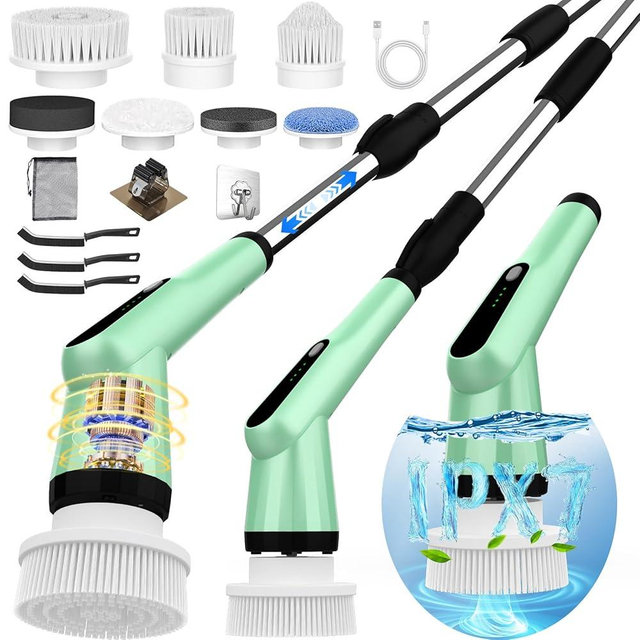 Electric Spin Scrubber, Dreazu IPX7 Bathroom Scrubber with 7 Replaceable Brush Heads & Retractable Handle, 2-Speed Adjustable Spin Scrubber for Bathroom, Bathtub, Kitchen, Tile Floors（Green）