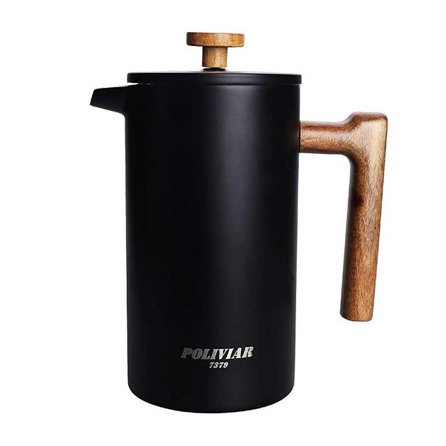 POLIVIAR French Press Coffee Maker, 34 oz Coffee Press with Teak Wood Handle, Double Wall Insulation & Dual- Filter Screen, Food Grade Stainless Steel for Good Coffe and Tea (Vintage)