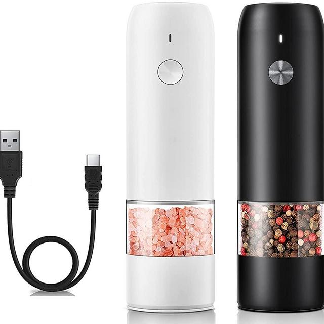 Rechargeable Electric Pepper and Salt Grinder Set - One-Handed - No Battery Needed Modern Style - Automatic Black Peppercorn & Sea Salt Spice Mill Set with Adjustable Coarseness & LED Light Refillable