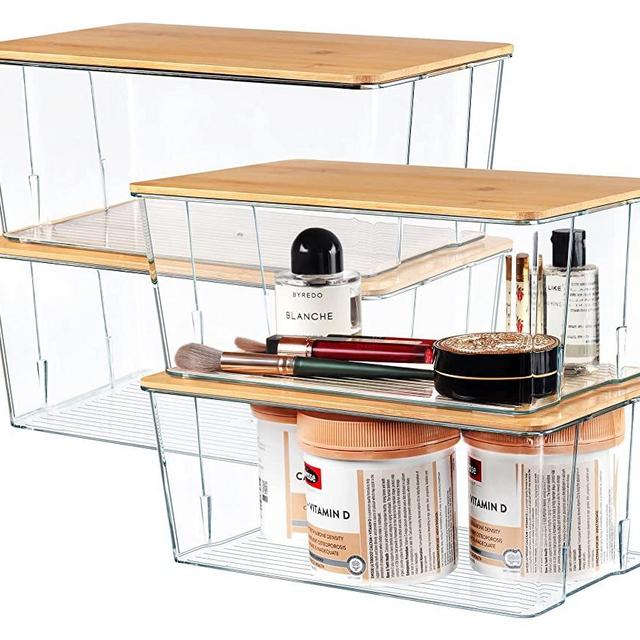 Hudgan Clear Plastic Storage Organizer Bins with Bamboo Lids for Home Office, Kitchen, Cupboard, Pantry Shelves, Medicine Cabinet, Craft Rooms - 4.5-Inches Tall - 4 Pack