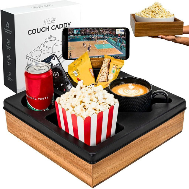 Silicone Couch Cup Holder Tray – Handy Silicone Acacia Couch Caddy with Cup Holder & Phone Stand – Waterproof Anti-Spill Snack & Bed Caddy Organizer Sofa Tray for Drinks, Snacks, & Remotes (Black)
