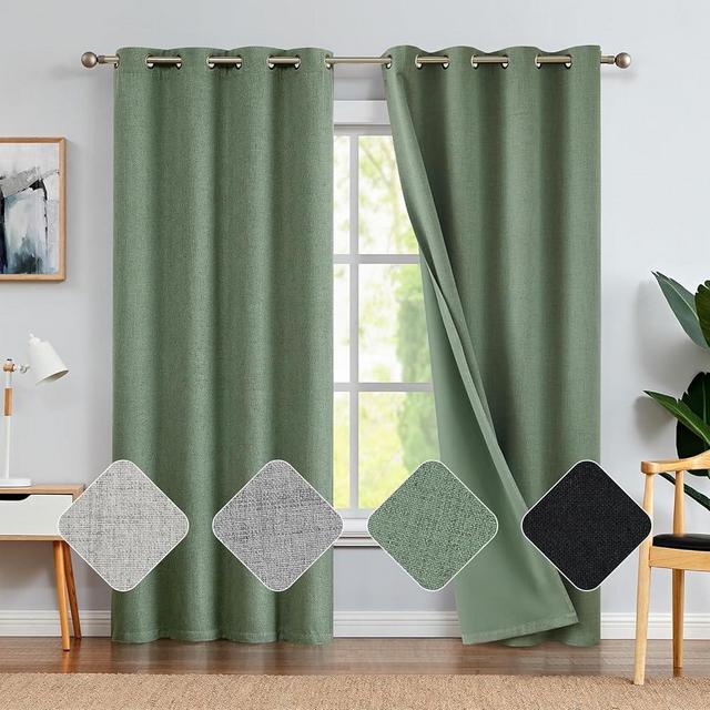 jinchan 100% Blackout Curtains for Bedroom, Linen Textured Curtains 84 Inch Length 2 Panels Set, Thermal Insulated Drapes for Living Room, Grommet Top Window Treatments, Heathered Sage Green