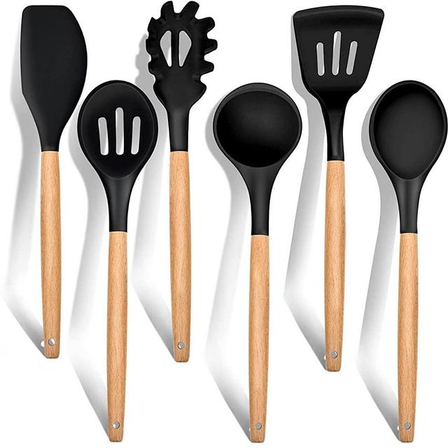 Kitchen Utensils Set of 6, E-far Silicone Cooking Utensils with Wooden Handle, Non-stick Cookware Friendly & Heat Resistant, Includes Spatula/Ladle/Slotted Turner/Serving Spoon/Spaghetti Server(Black)