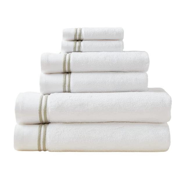MALEK 100% Cotton Towels - 6 Piece Set - 2 Bath Towels, 2 Hand Towels, 2 WashCloths - Super Soft 700 GSM Luxury Bath Towels - Absorbent Cotton Bathroom Towels - White with Double Olive Stripe