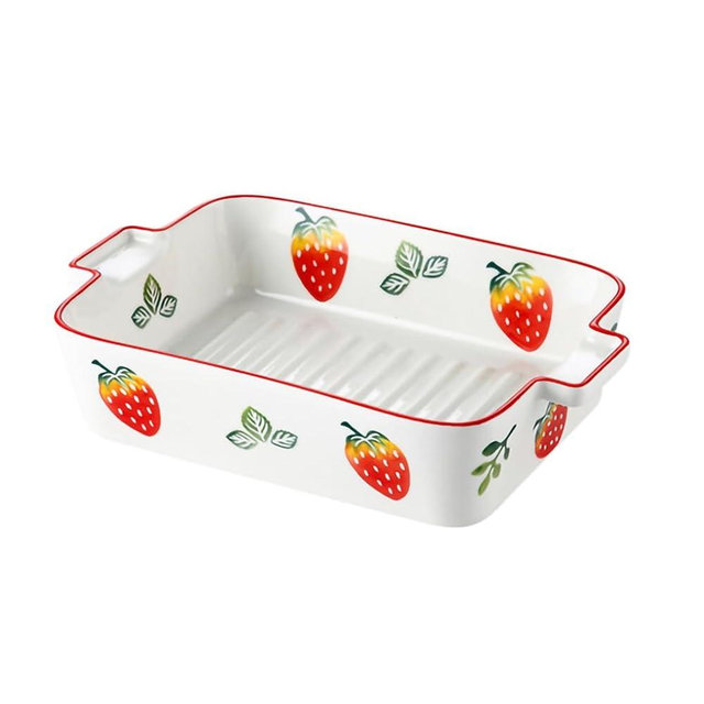 WAIT FLY Lovely Strawberry Ceramic Baking Dishes with Handles, Lasagna Pans, Casserole Dishes, Baking Pans for Cooking, Cake Dinner, Kitchen-Strawberry-8.0 Inch