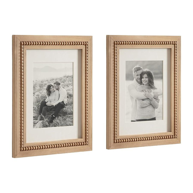 Kate and Laurel Sorell Modern Beaded Coastal Picture Frame Set of 2, 11 x 14 matted to 8 x 10, Natural Wood, Boho Two-Piece Glass Photo Frame Set for Gallery Wall Design in Living Room Wall Decor