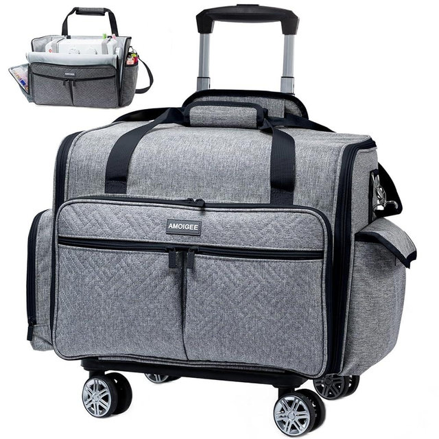 AMOIGEE Full-Open Sewing Machine Case with Wheels, Large Rolling Sewing Machine Bag with Detachable Foldable Dolly, Heavy-Duty Embroidery Tote for Brother Singer Janome Standard Machines Storage