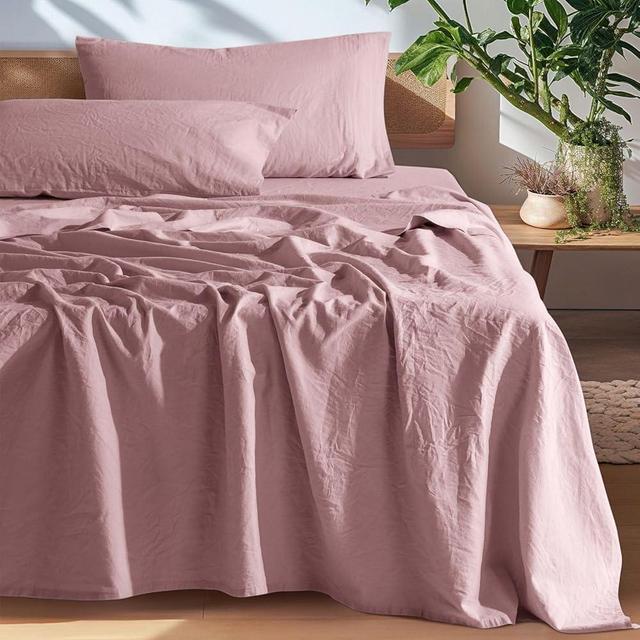 SONORO KATE 100% French Pure Linen Sheets, Breathable and Durable Line King Size Sheets, Anti-Tear Line Bed Sheets, Machine Washable, 16 Inch Deep Pocket - 4 Piece (Embroidery Purple, King)