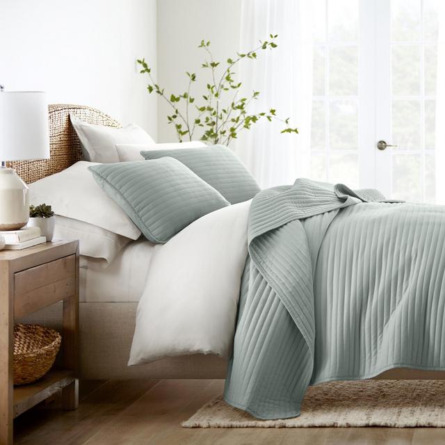 Stripes Floral and Diamonds Quilted Coverlet Set With Shams - Becky Cameron, King/California King, Stripe Stitch / Eucalyptus