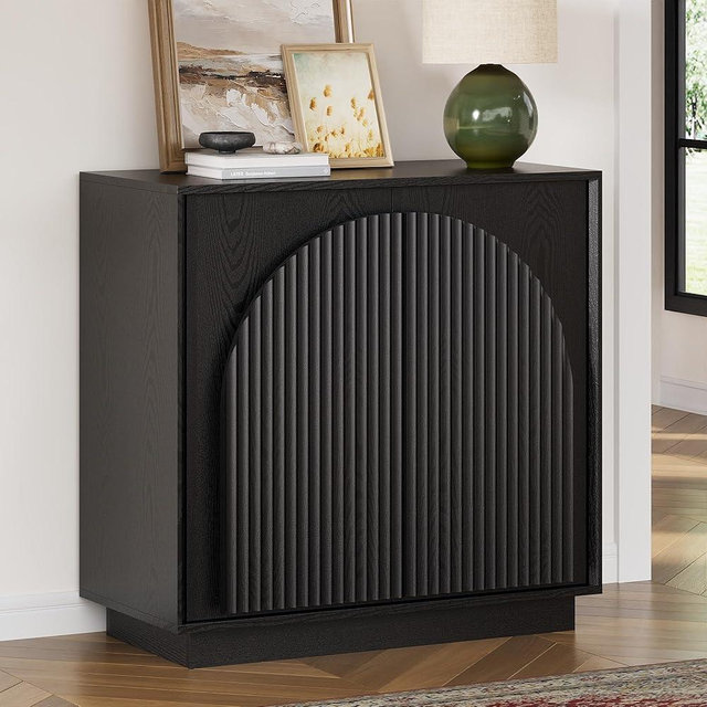win2win Fluted Sideboard Buffet Cabinet with Storage, 31.5" Modern Accent Cabinet with Double-Layered Arch Doors, Small Wood Console Credenza for Living Room, Dining Room, Entryway, Hallway, Black
