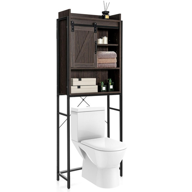 Tangkula Over The Toilet Freestanding Storage Rack Bathroom w/ Slipping Barn Door Espresso