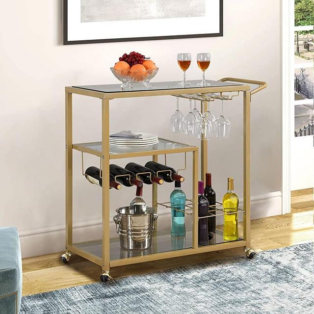 Glass Bar Cart with Wine Rack and Glass Holder, Modern 3-Tier Glass Shelves Metal Frame Mobile Kitchen Serving Storage Cart with Wheels & Handle, Golden