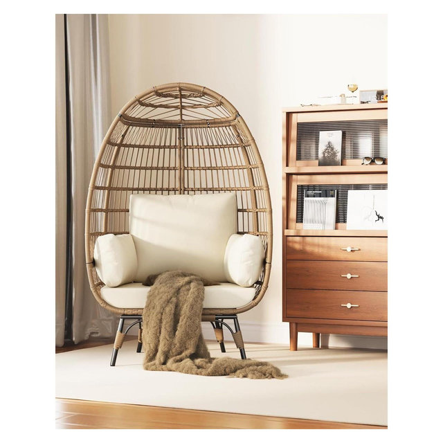 Acekool Oversized Egg Chair with Thick Cushions - 350LB Capacity Wicker Lounge Chair for Indoor/Outdoor,Beige