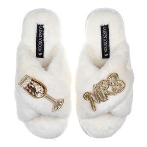 Classic Laines Slippers With Wedding Champers & Mrs Brooches - Cream