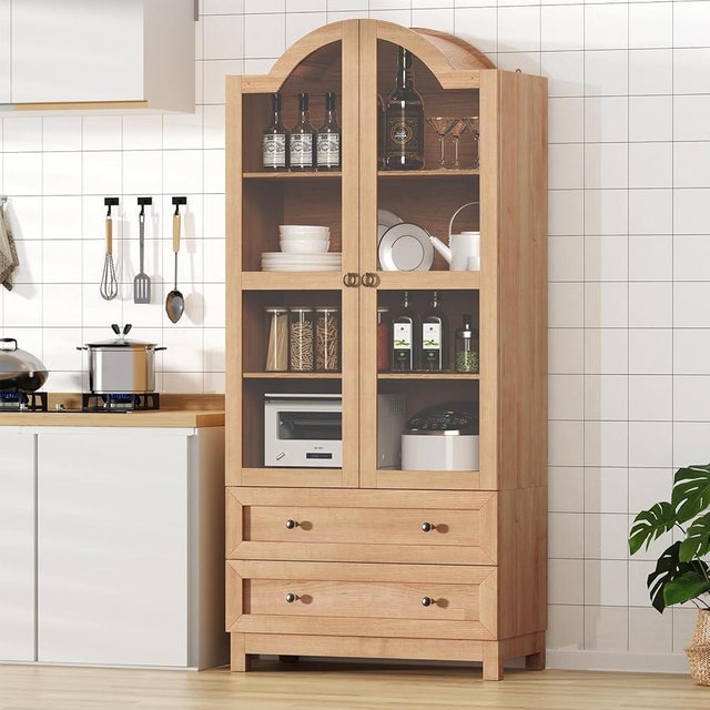 EasyCom 71 Tall Arched Pantry Cabinet, Farmhouse Wood Kitchen Cabinet with 2 Large Drawers, 4-Tier Storage Cabinet with Adjustable Shelf & Magnetic Clasp Doors for Living Room, Dining Room, Natrual