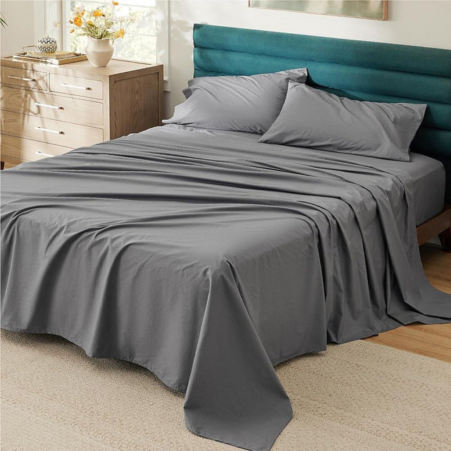 Bedsure 100% Cotton Sheets King Size - Soft Percale Sheets, 4 Pieces Dark Grey Sheet Set, Breathable Cooling King Sheets, Cotton Bed Sheets with Deep Pocket Up to 16", Bedding Sheets & Pillowcases