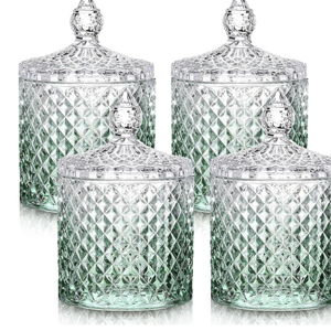 Aoriher 4 Pcs Crystal Glass Candy Jar Set with Lids Home Decorative Storage Jars for Apothecary, Bathroom, Kitchen, and Pantry, Ideal for Cotton Swabs and Jewelry (Medium,Gradient Green)