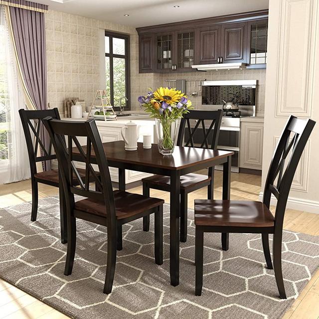 P PURLOVE 5-Piece Dining Table Set Home Kitchen Table and 4 Chairs Wood Dining Set Kitchen Table and Chairs Set for 4 Persons