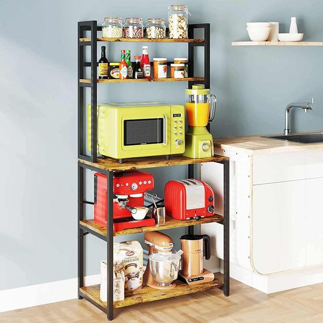 Denkee Kitchen Bakers Rack, Industrial 5-Tier Microwave Oven Stand, Freestanding Kitchen Utility Storage Shelf, Workstation Organizer Shelf, Coffee Bar Station (31.5 L x 15.75 W x 63 H, Rustic Brown)