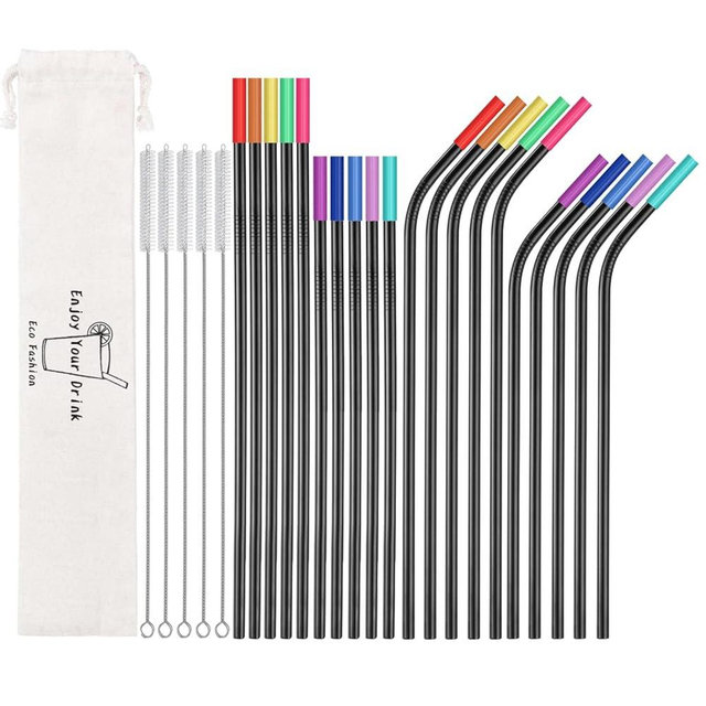 20 Pcs Black Reusable Stainless Steel Straws,10.5" & 8.5" Reusable Drinking Straws with 20 Silicone Tips 5 Straw Brushes 1 Travel Case,Eco Friendly Extra Long Metal Straw for 20 24 30 oz Tumbler