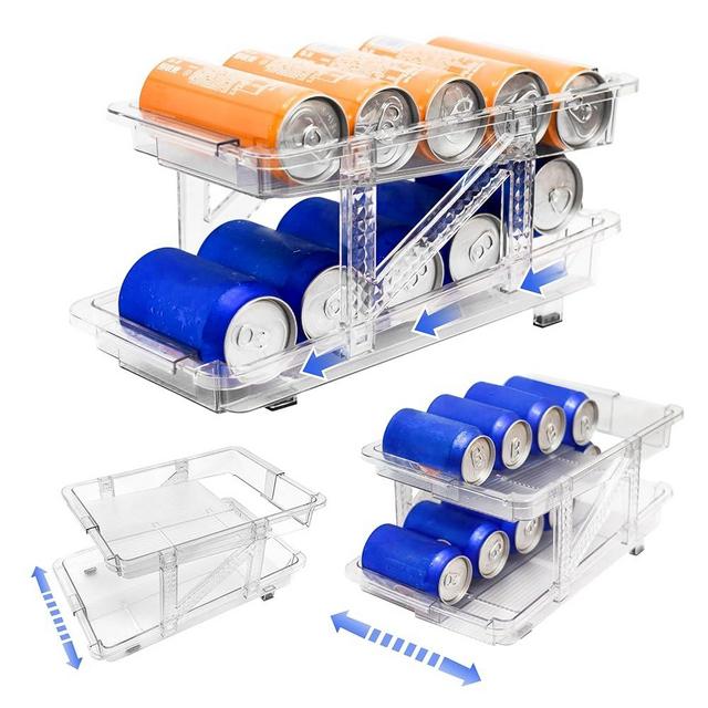Guermok Adjustable Width Rolling Soda Can Organizer, 1Pack Stackable Fridge Drink Organizer, 2-Layer Beverage Can Dispenser for Fridge, Pantry, Kitchen,Cabinet, Countertop, Clear (2 Pack)