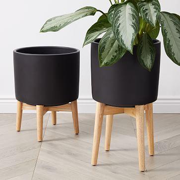 Mid-Century Turned Wood Leg Planters - Black