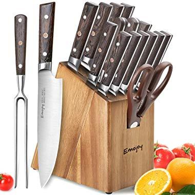 Knife Set, 16-Piece Kitchen Knife Set with Carving Fork, Precious Wengewood Handle for Chef Knife Set with Block, German Stainless Steel, Emojoy