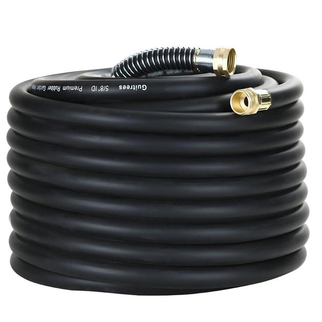 Guitrees 100FT 5/8 Heavy Duty Rubber Garden Hose - 200psi Working, 1000psi Burst - Hot/Cold Water - Five-Layered Braiding for Durability - Versatile for Gardening, Agriculture, Construction(Black)