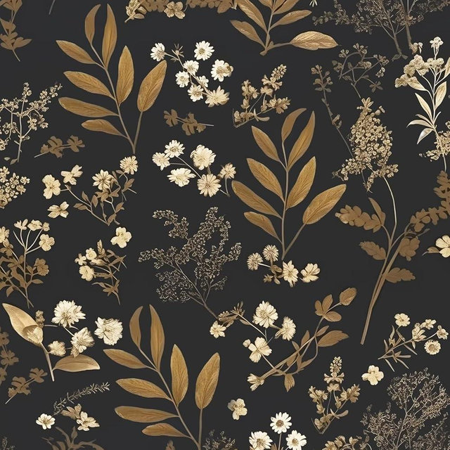Laatse Vintage Wallpaper Peel and Stick Black Floral Wallpaper 17.5'' x 393'' Gold Leaf Contact Paper Vinyl Waterproof Self Adhesive Boho Botanical Wall Paper for Bedroom Shlef Cabinet Décor