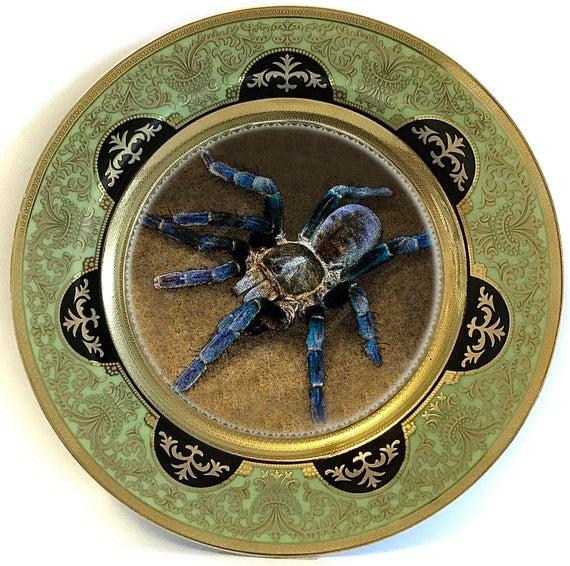 SHIPPING INCLUDED - Green, Black and Gold Porcelain Spider Plate (Cobalt Tarantula Plate), Food- and Dishwasher Safe.