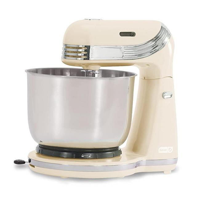 Dash Everyday Electric Stand Mixer with 3 qt Stainless Steel Mixing Bowl, Dough Hooks + Beaters for Dressings, Frosting, Meringues & More, 6 speed, Cream