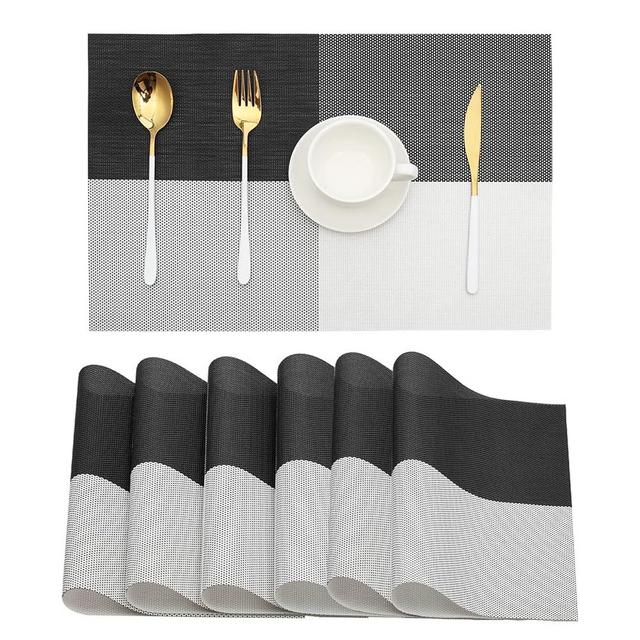 HeloHo Placemats Set of 6 Black and White Placemats Heat-Resistant Washable Vinyl Woven Table Mats Wipeable Placemat for Kitchen Dining Table Decoration Indoor Outdoor