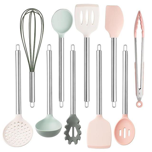 COOK WITH COLOR Silicone Cooking Utensils, 10 Pc Kitchen Utensil Set, Easy to Clean Silicone Kitchen Utensils, Cooking Utensils for Nonstick Cookware, Kitchen Gadgets Set (Mint)