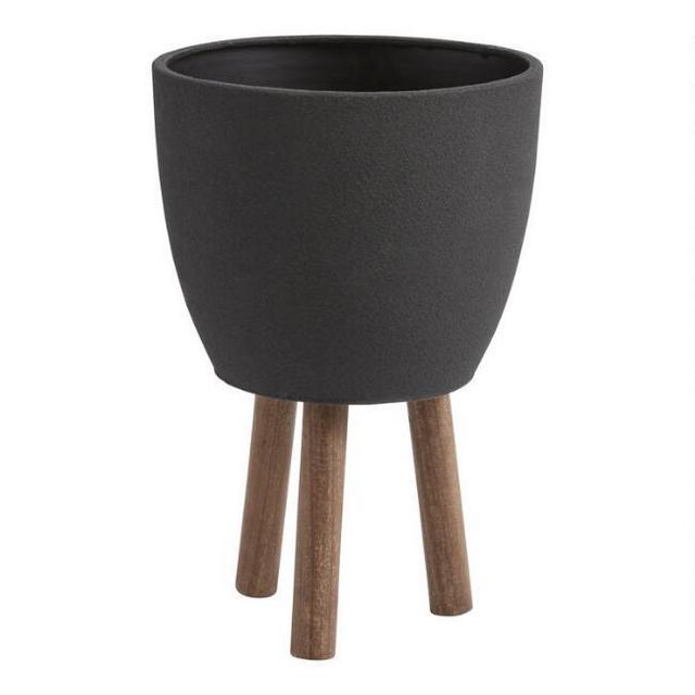 Black Faux Cement Planter With Wood Tripod Legs