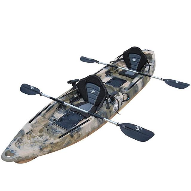 BKC TK122P 12' 6" Tandem 2 or 3 Person Sit On Top Fishing Kayak w/Premium Memory Foam Seats, 2 Paddles and 4 Fishing Rod Holders Included