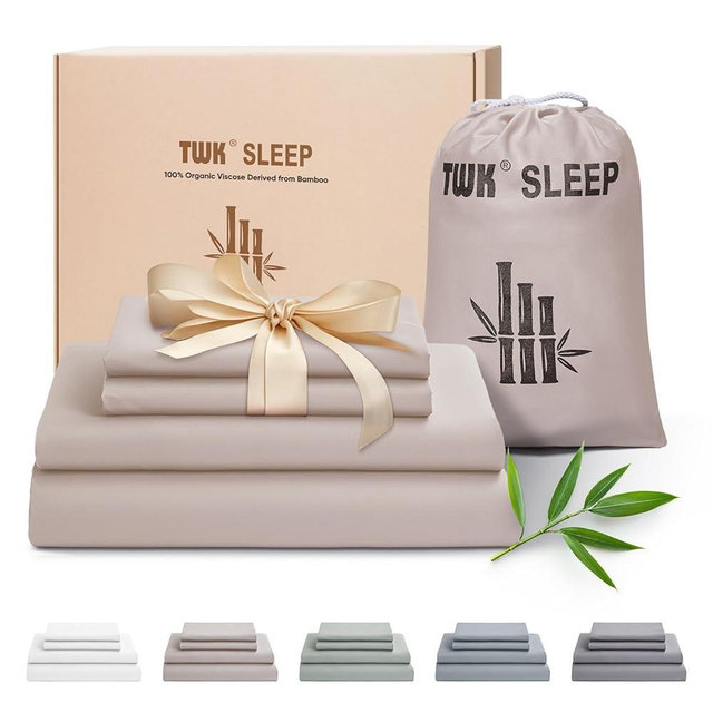 TWK Luxury Sheet Set, Genuine 100% Organic Viscose Derived from Bamboo, Cooling & Breathable, Silky Soft, Bedding Sheets & Pillowcases(Sand Queen(60 * 80 * 15))