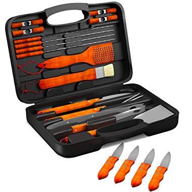 Home-Complete Wood BBQ Grill Tool Set- 22 Pc Stainless Steel Barbecue Accessories with Wooden Handles, Case,4 Steak Knives, Spatula, Tongs
