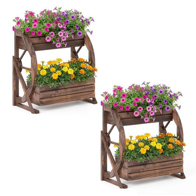Costway 2 PCS 2-Tier Rustic Wood Wagon Planter with Drainage Semi-Wheels, Raised Bed for Yard