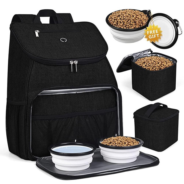 BAGLHER丨Dog Travel Bag,Airline Approved Pet Supplies Backpack,Dog Travel Backpack with 2 Silicone Collapsible Bowls and 2 Food Baskets. Black