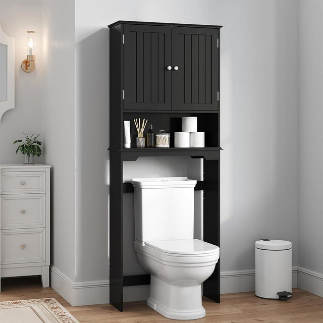 DUMOS Over the Toilet Storage Cabinet, Bathroom Storage Cabinet Over Toilet with Double Doors and Adjustable Shelf, Freestanding Toilet Rack for Bathroom, Black