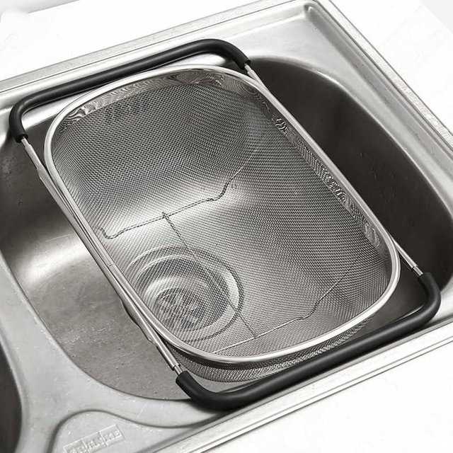 Premium Quality Over The Sink Stainless Steel Oval Colander with Fine Mesh 6 Quart Strainer Basket & Expandable Rubber Grip Handles - Strain, Drain, Rinse Fruits, Vegetables
