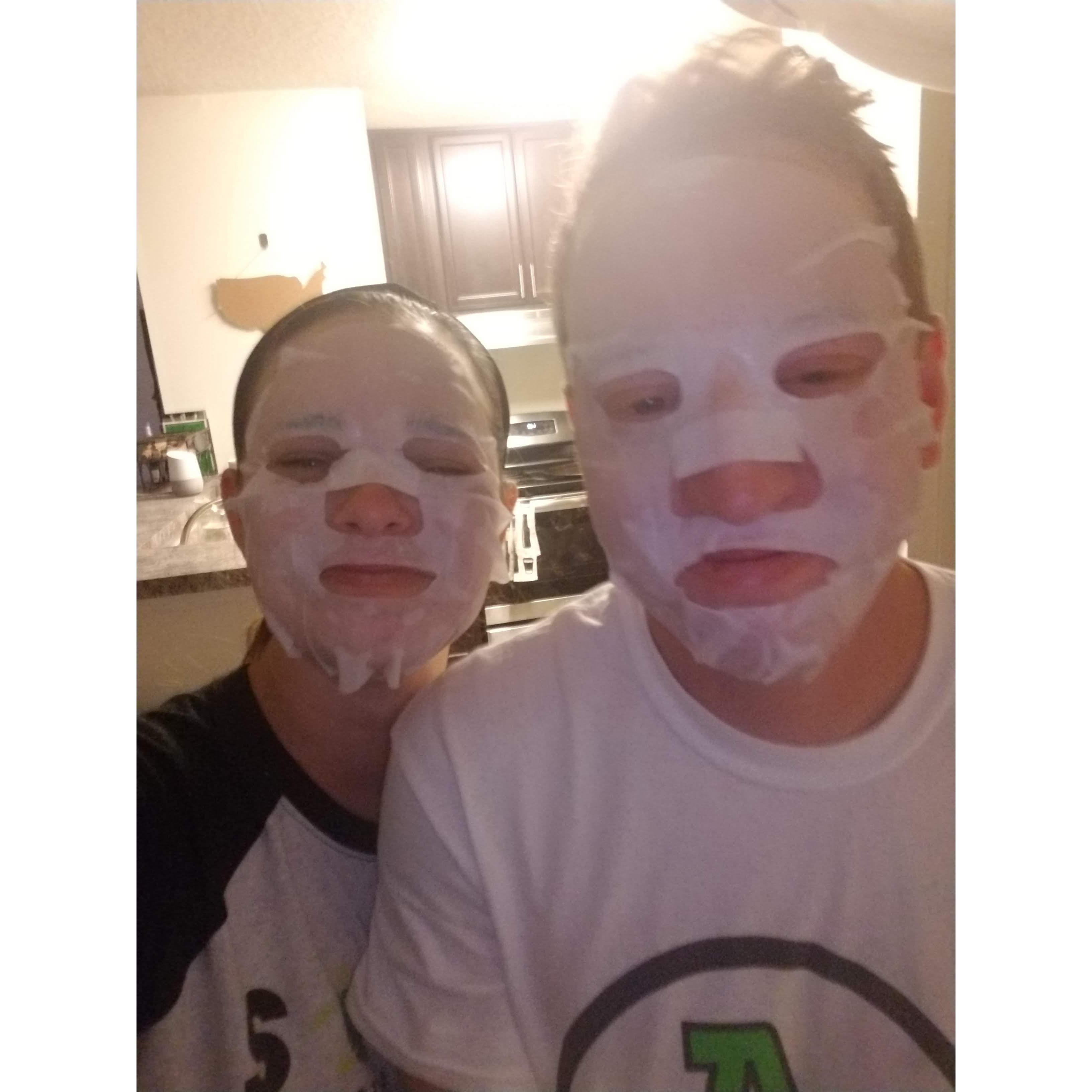 Noah's not afraid to try some face masks with me