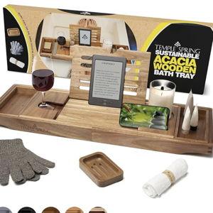 Acacia Wood Bathtub Tray Caddy for Tub — Expandable Bath Tray with Solid Book Stand Wine Holder and Non-Slip Pads — Includes Soap Dish and Spa Accessories — Luxury Hardwood Bath Gift Set
