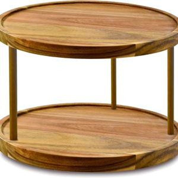 10" Two-Tier Acacia Wood Lazy Susan Organizer Kitchen Turntable for Cabinet Pantry Table Organization