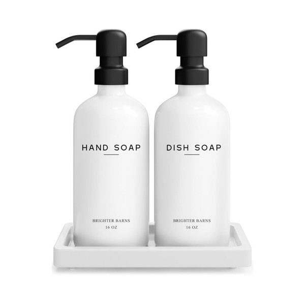White Glass Kitchen Soap Dispenser Set with Tray by Brighter Barns - Hand and Dish Soap Dispenser for Kitchen, Home or Vacation Rental - Modern Kitchen Decor & Accessories (White)