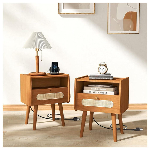 JOINICE,Nightstands Set of 2,Mid Century Modern Nightstand with Charging Station,Rattan Side Table with Drawer,End Table Bedroom,Living Room,Set of 2,Cherry
