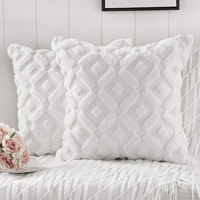 Madizz Pack of 2 Soft Plush Short Wool Velvet Decorative Throw Pillow Covers Luxury Style Cushion Case European Pillow Shell for Sofa Bedroom Square White 24x24 inch