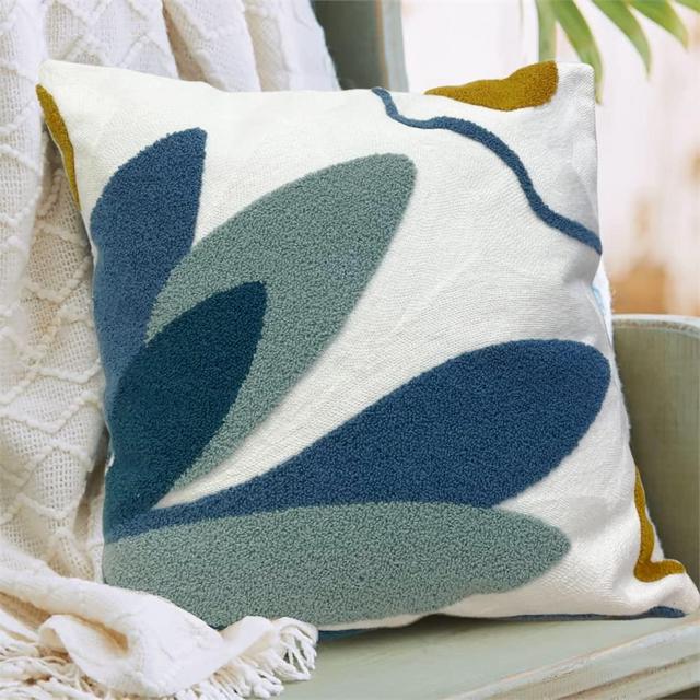 Molili Tufted Decorative Throw Pillow Covers 18x18 Blue Leaves Boho Modern Minimalism Pillow Covers Rustic Linen Cushion Case for Bed Couch Sofa Outdoor Home Decor One Pack