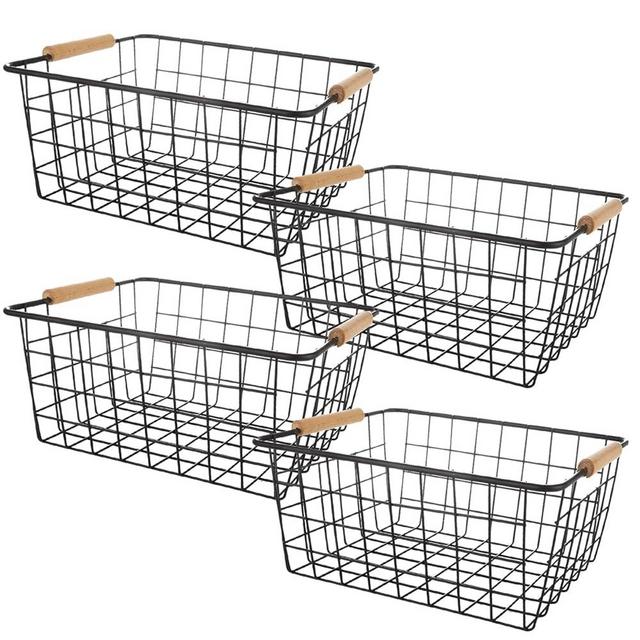 LDHHYH 4 Pack Black Metal Wire Storage Baskets, Pantry Baskets for Organizing, Wire Food Storage Basket Organizer with Wooden Handles for Kitchen, Pantry, Freezer - 29 x 22 x 12cm